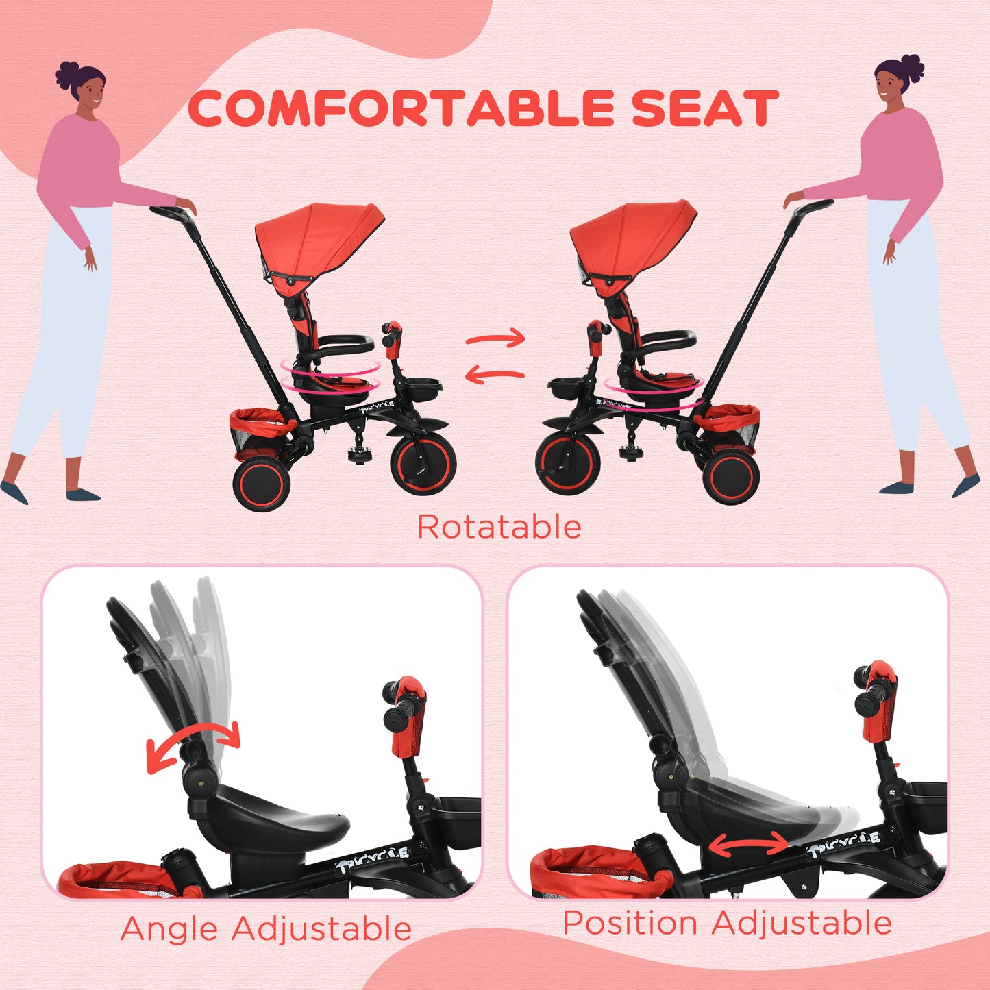 6-in-1 Toddler Tricycle, Kids Trike with Rotatable Seat, Adjustable Push Handle, Safety Harness, Detachable Canopy, Red