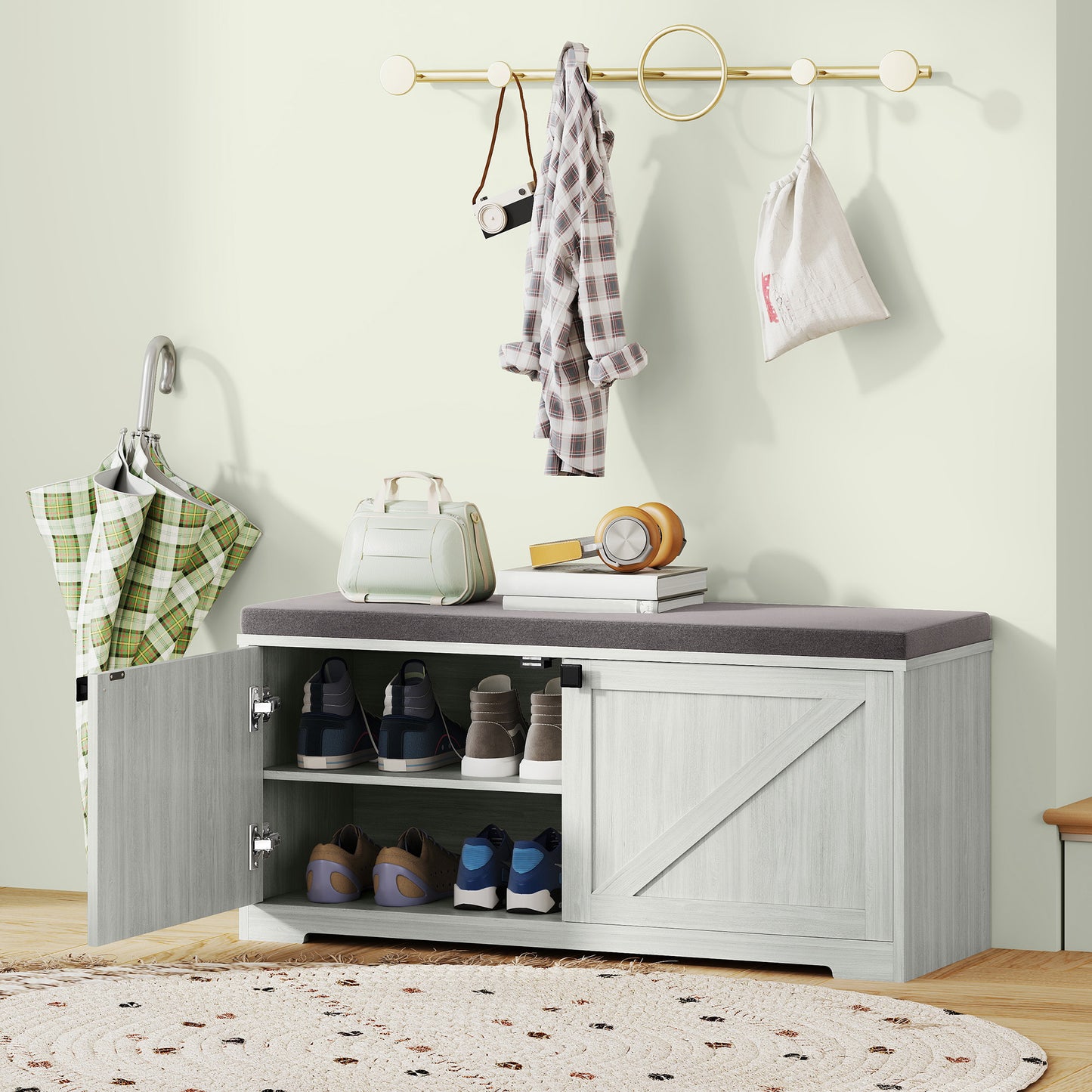 Shoe Storage Bench with Padded Seat, Entryway Bench Holds up to 352 lb, Shoe Organizer, 8 Pairs, Light Grey Kids Crystal
