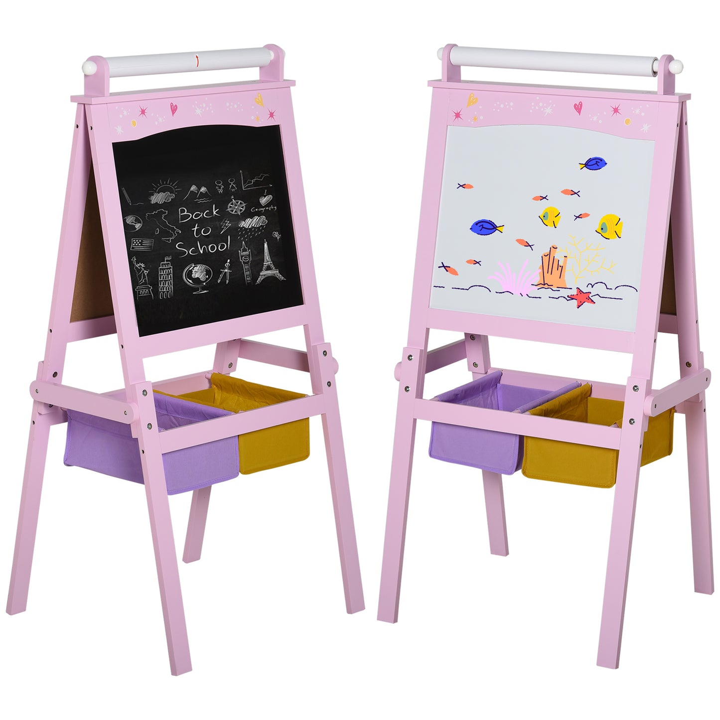 3 In 1 Kids Wooden Art Easel w/ Paper Roll Double-Sided Chalkboard Whiteboard with Storage Baskets Gift for Toddler Age 3+ Pink Kids Crystal