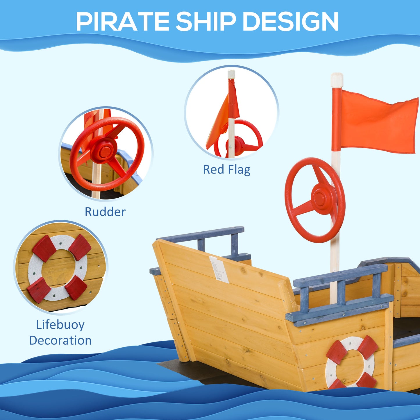 Pirate Ship Sandbox Wooden Outdoor Playset for Kids Backyard Play Station Bench Seat Storage Flag Kids Crystal