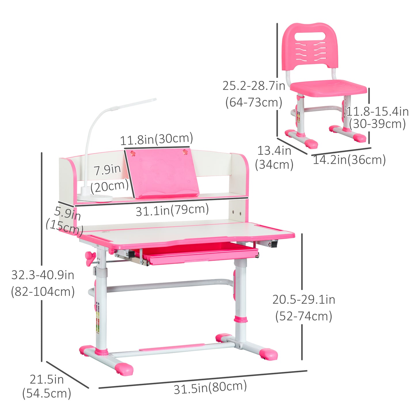 Kids Adjustable Desk and Chair Set with LED Light Bookshelf Drawer for Student Study Pink Kids Crystal