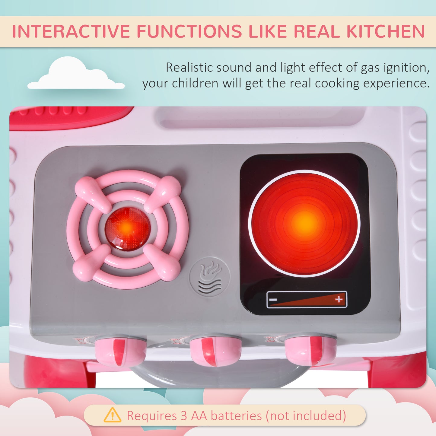 Children's Kitchen Playset with Light & Sound, 38Pcs Toy Accessories, Ideal for Pretend Play, Pink Kids Crystal
