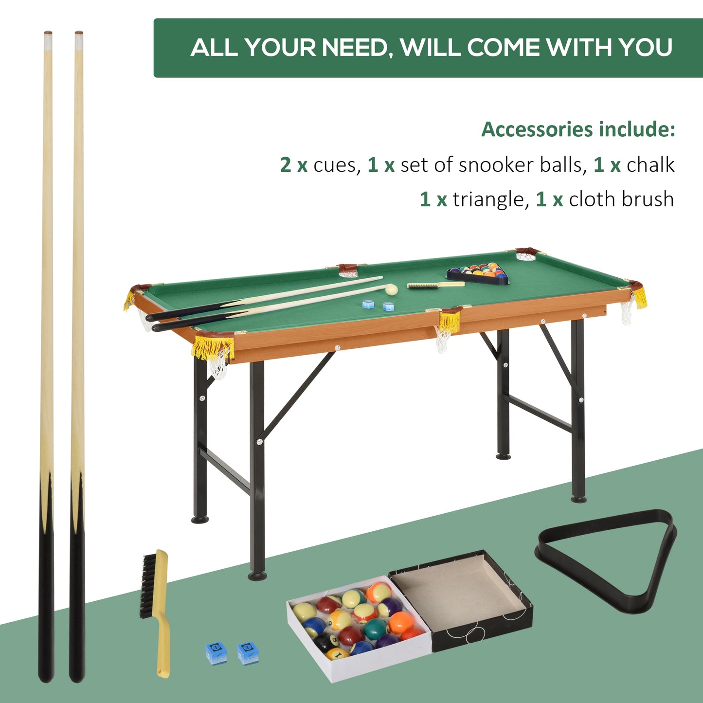 Compact 54.3"L Portable Billiard Table Foldable Design with Accessories for Home Pool Games Includes Cues Ball Kids Crystal