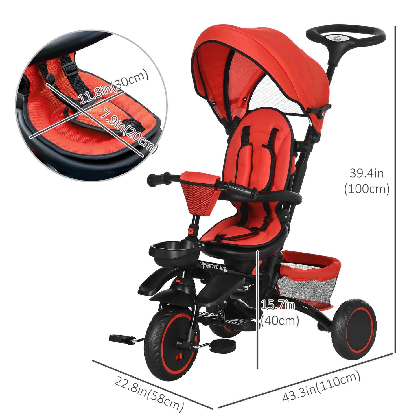 6-in-1 Toddler Tricycle, Kids Trike with Rotatable Seat, Adjustable Push Handle, Safety Harness, Detachable Canopy, Red