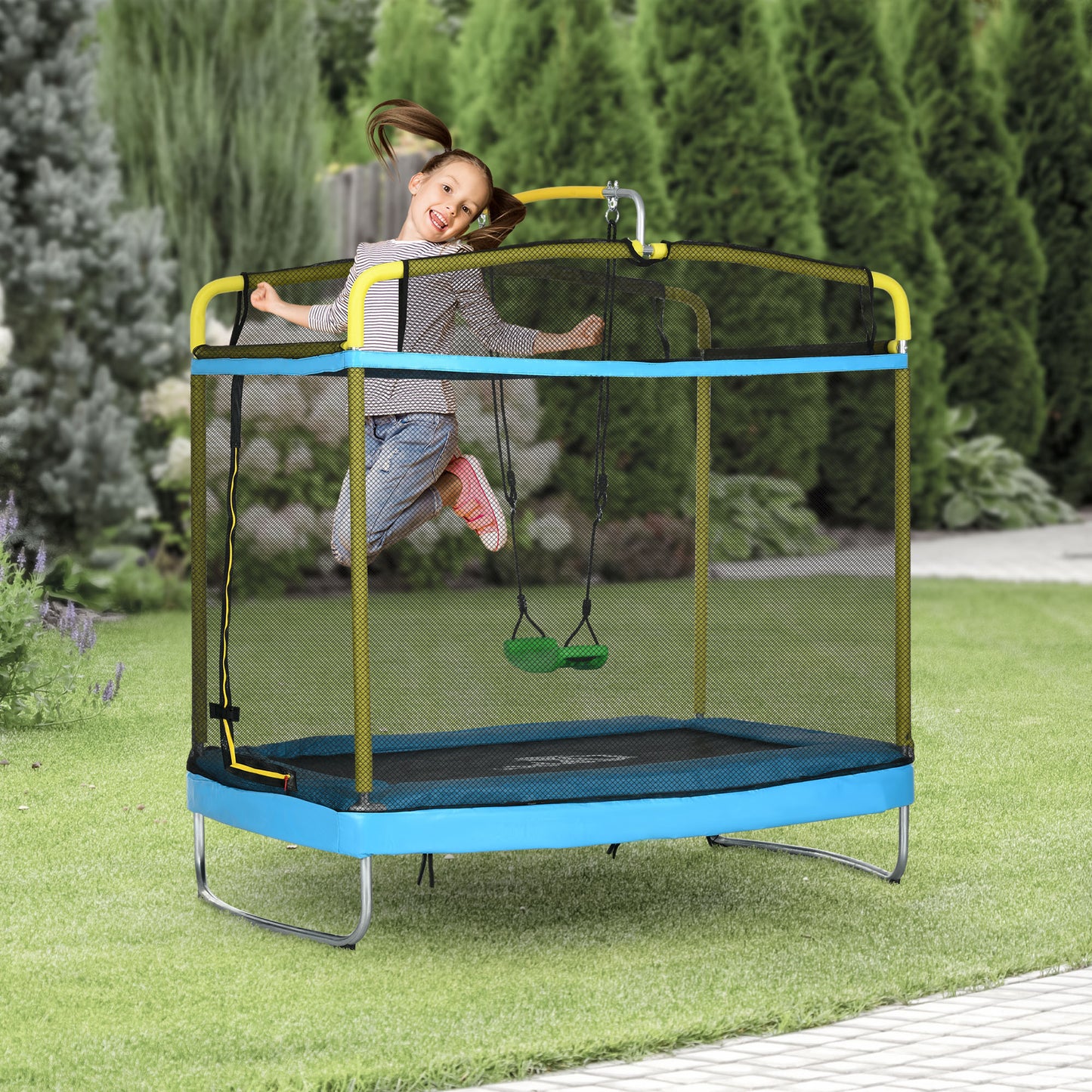 6.9FT Kids Trampoline with Safety Net, Gymnastics Bar, Swing, Toddler Trampoline for 3+ Years Old Indoor/Outdoor Kids Crystal
