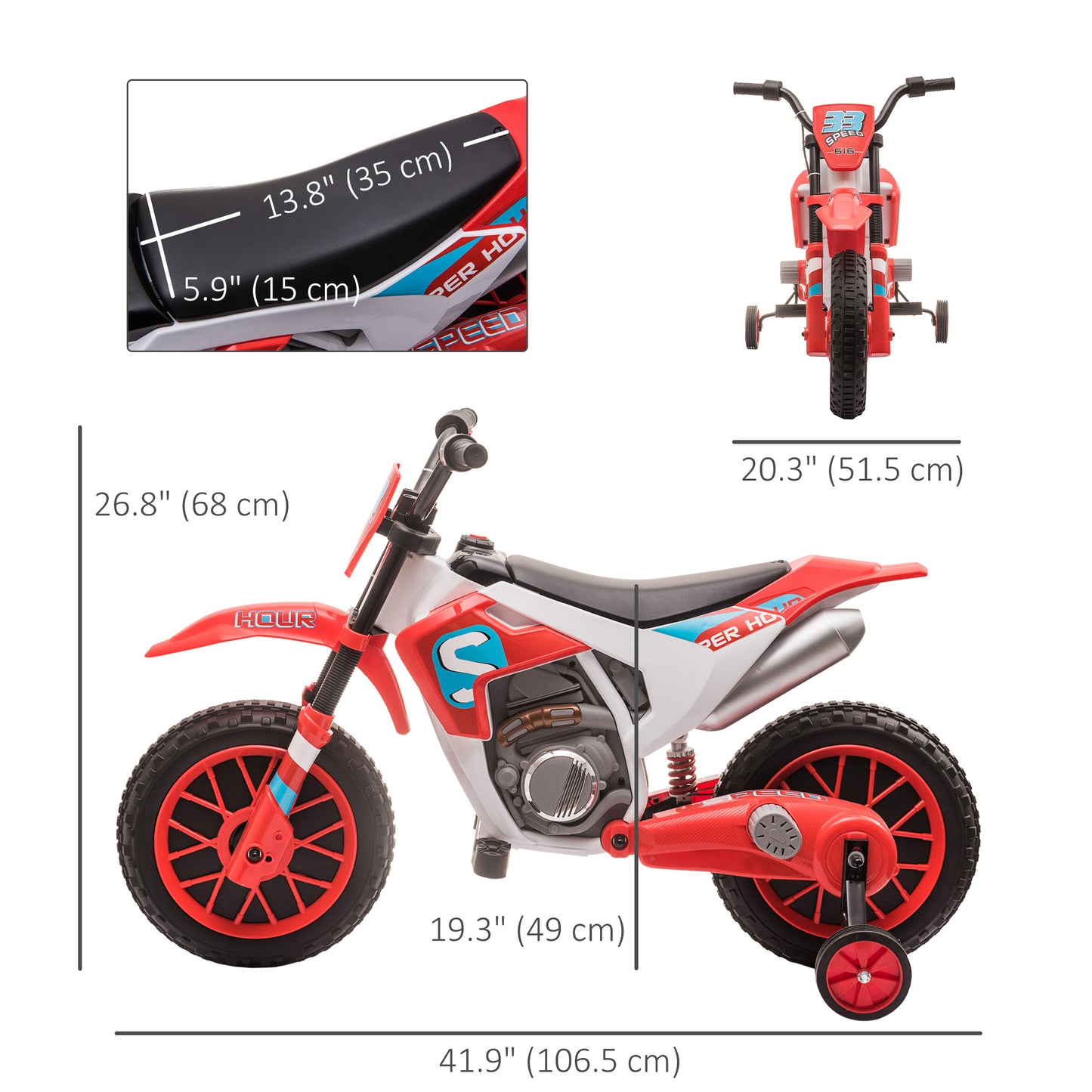 Electric Kids Dirt Bike Battery-Powered Ride-On Motorcycle 12V Training Wheels Red Kids Crystal