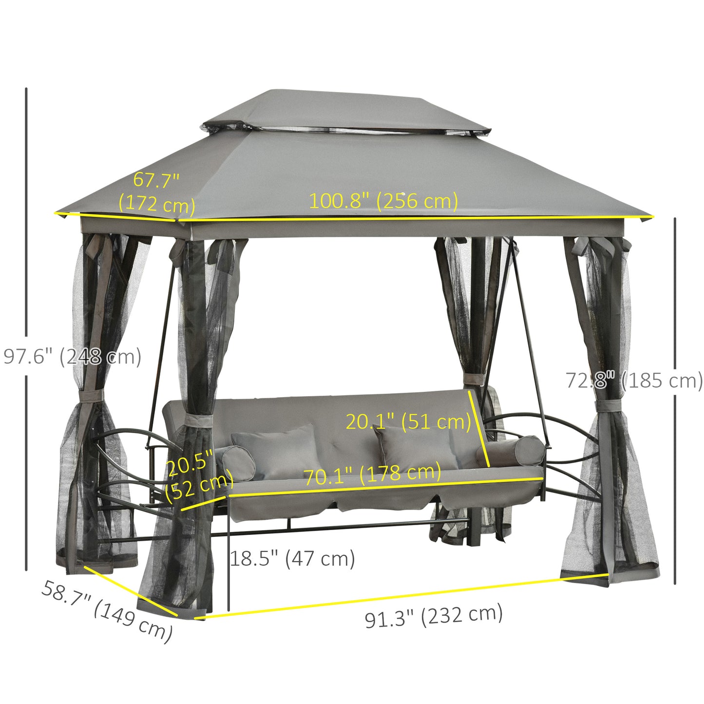 3 Person Outdoor Patio Daybed 3 in 1 Canopy Gazebo Swing Chair Garden Hammock with Mesh Mosquito Net and Sun Shade Grey