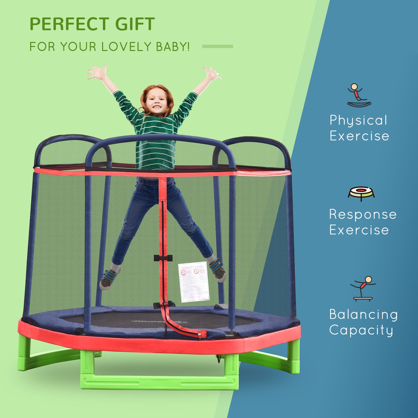 7 FT Kids Trampoline with Safety Enclosure and Padded Cover, Indoor/Outdoor Use - Red Kids Crystal