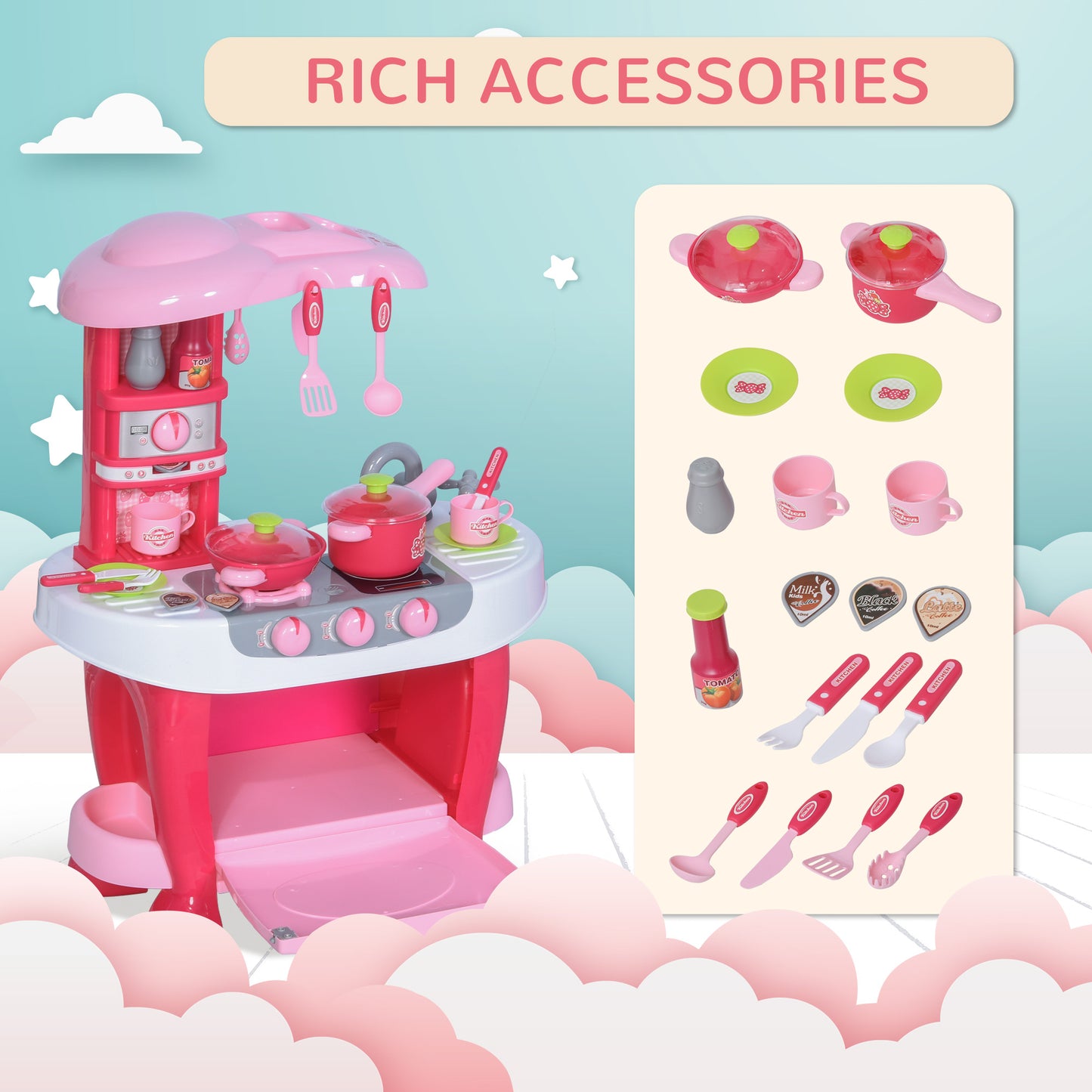 Children's Kitchen Playset with Light & Sound, 38Pcs Toy Accessories, Ideal for Pretend Play, Pink Kids Crystal