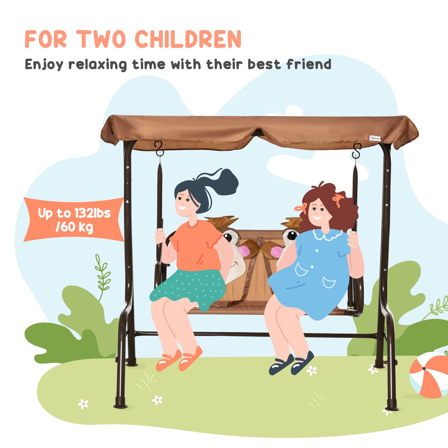 2-Seat Kid Swing with Adjustable Canopy Coffee Outdoor Patio Lounge Chair for Garden Porch