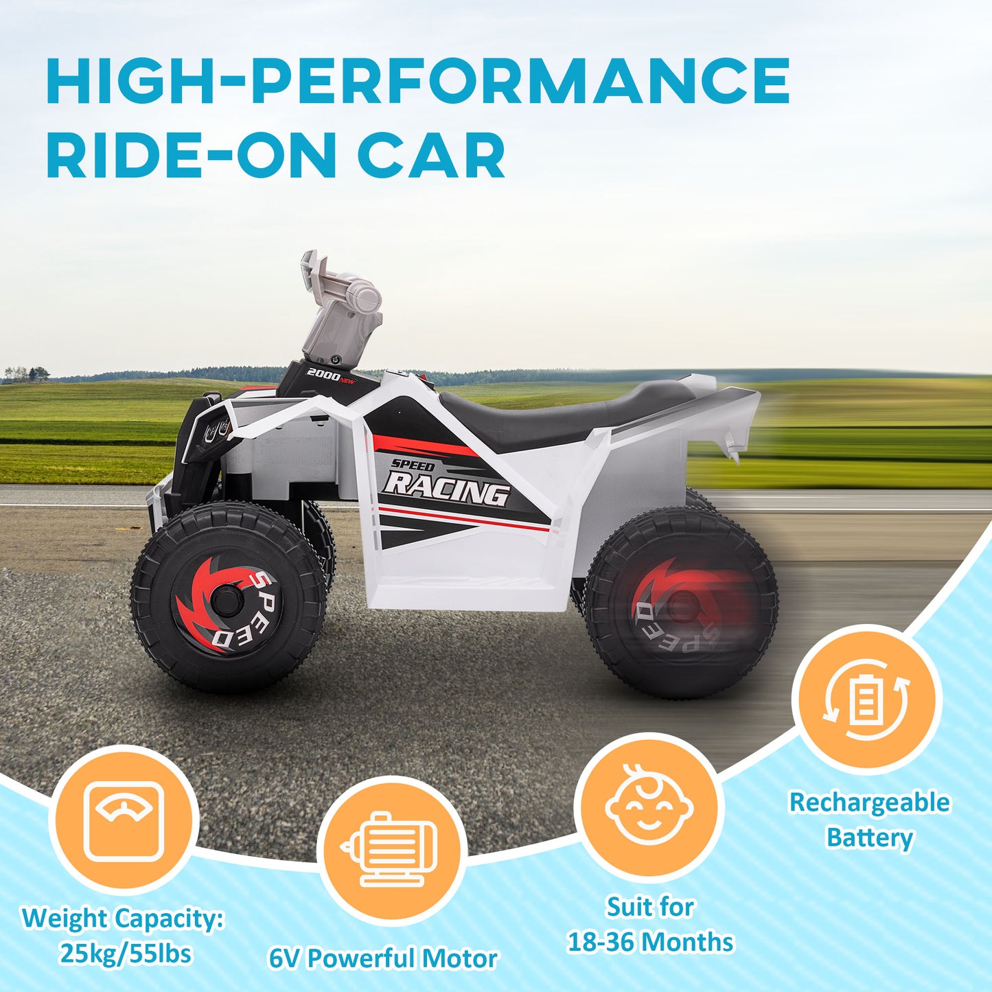 6V Quad Kids Electric Car with Wear-resistant Wheels, for Boys and Girls Aged 18-36 Months, White Kids Crystal