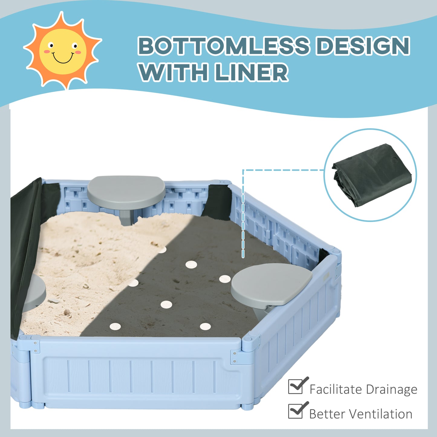 Sandbox with Cover for Kids 3 Seats Bottom Liner Light Blue 3-12 Years Old Kids Crystal