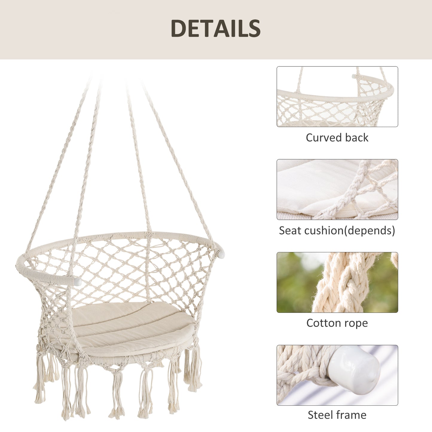 Cotton Rope Hanging Hammock Chair Swing with Cushion Metal Frame for Patio Garden Cream White Kids Crystal