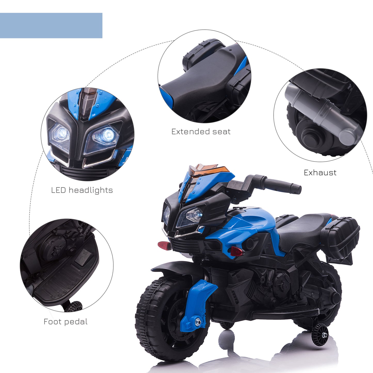 Kids Ride On Motorcycle, 6V Electric Battery Powered Dirt Bike w/ Training Wheels, Gift for Children Boys Girls Blue Kids Crystal