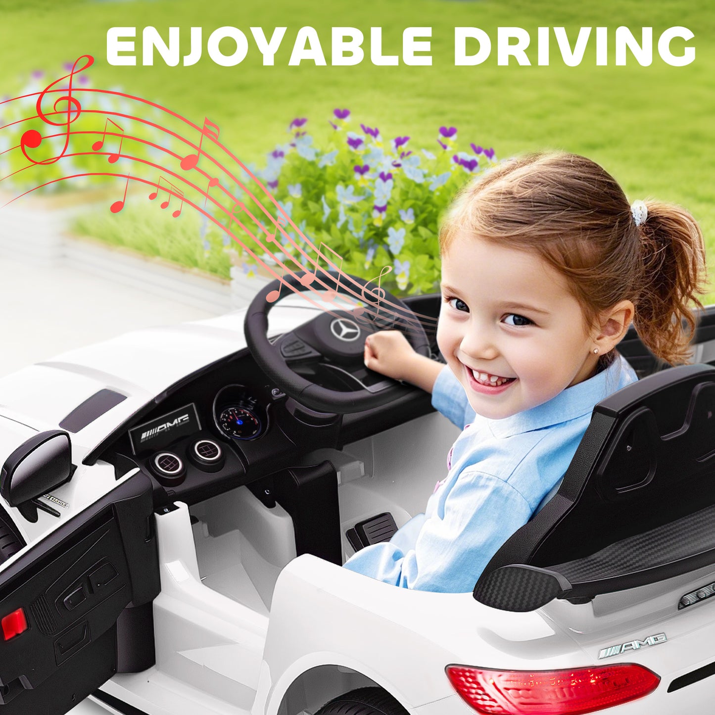 Mercedes-Benz AMG GTR Licensed 12V Battery Powered Kids Electric Car w/ Remote, Soft Start, Lights, Music Horn White Kids Crystal