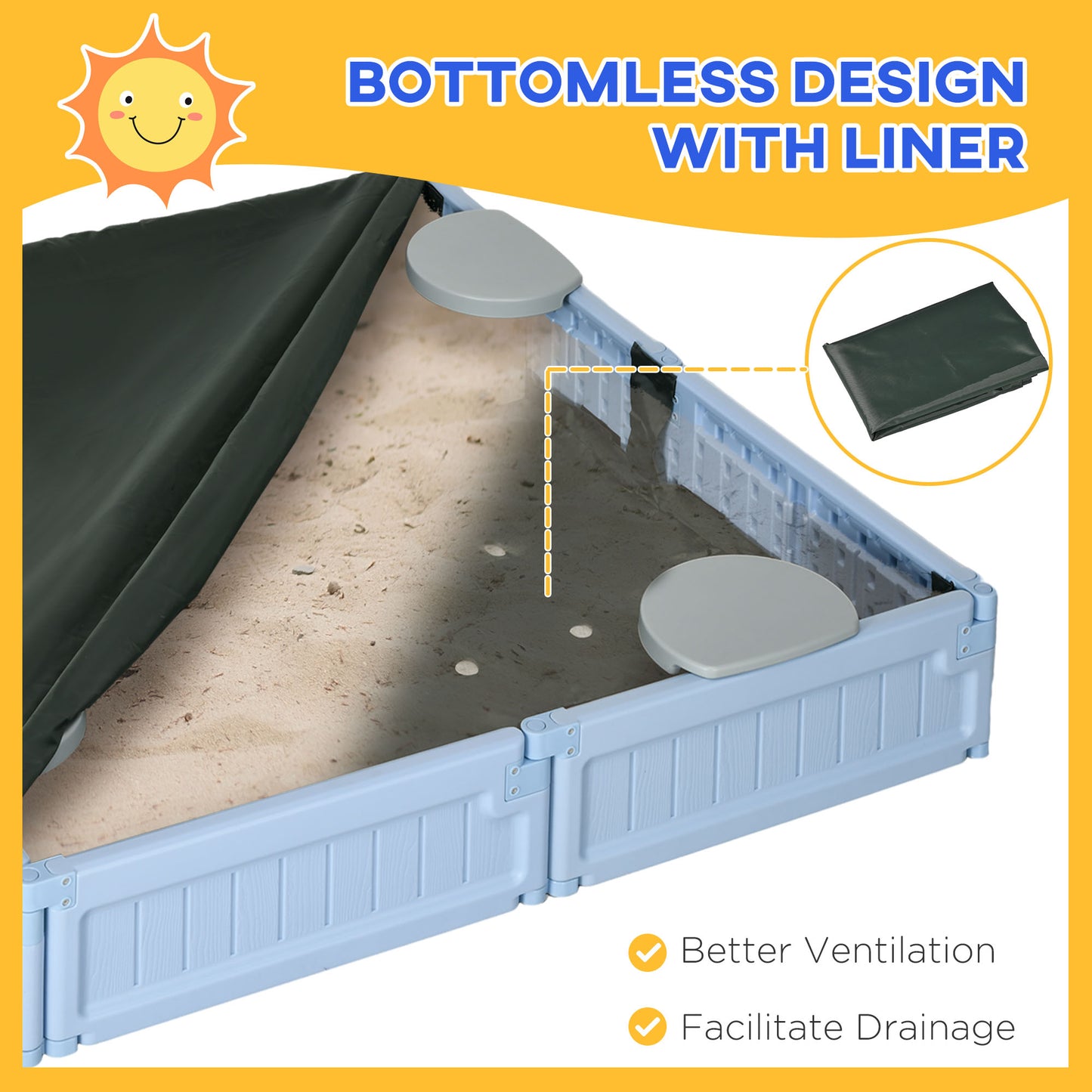 Childrens Sandbox with Canopy Light Blue Outdoor Play Area with Bottom Liner for Sun Protection Kids Crystal