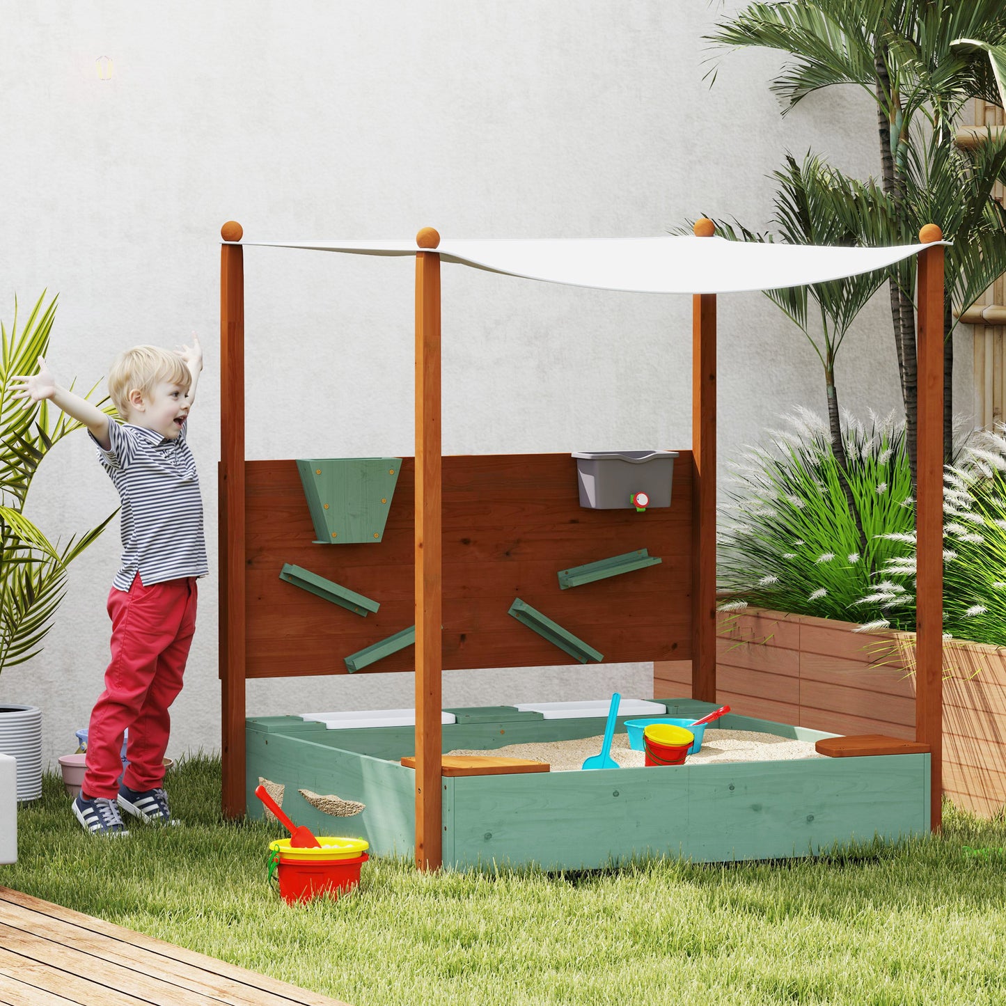 Wooden Kids Sandbox with Canopy, Sand Wall, Bottom Liner, for 3-6 Years, 46" x 44" W x 50" Green Kids Crystal