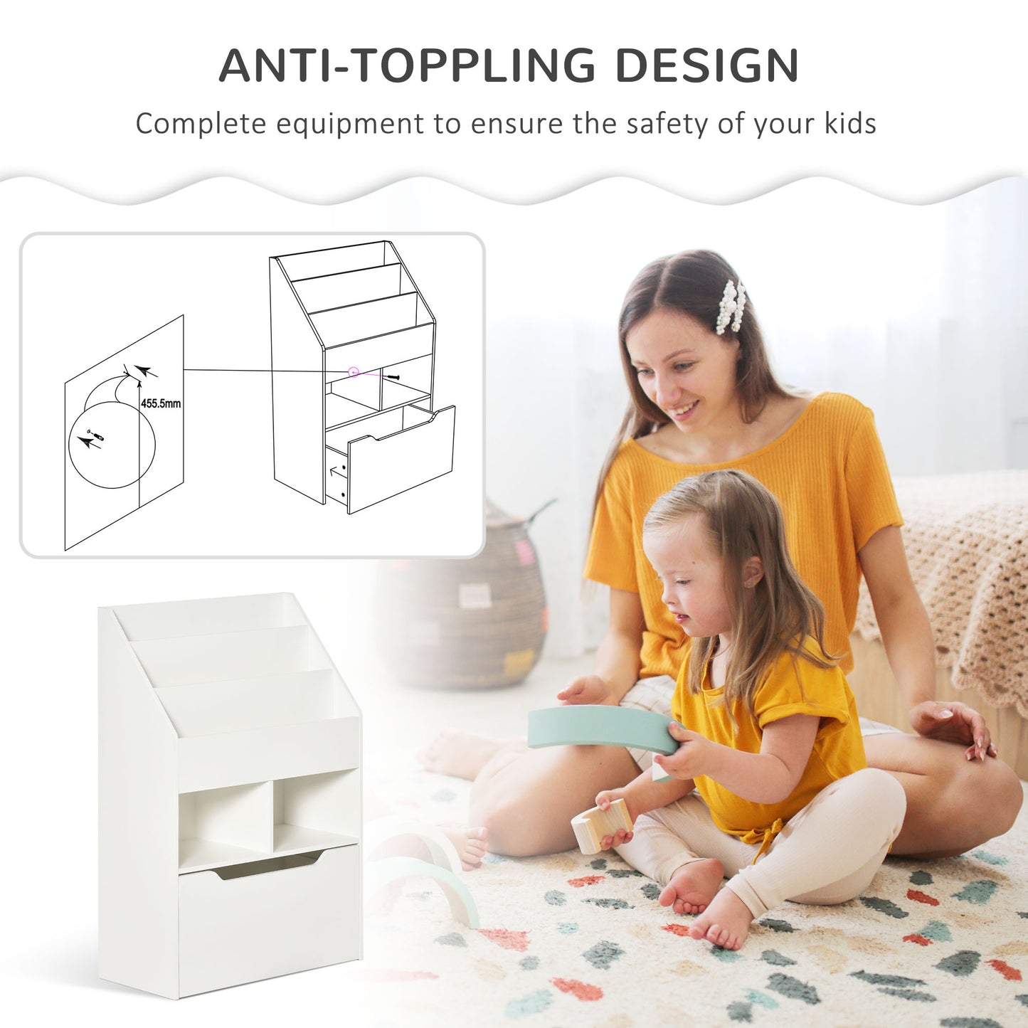 Kids Bookcase Multi Shelf Rack Organizer Storage Drawer Reading Nook Classroom Bedroom Playroom White Kids Crystal