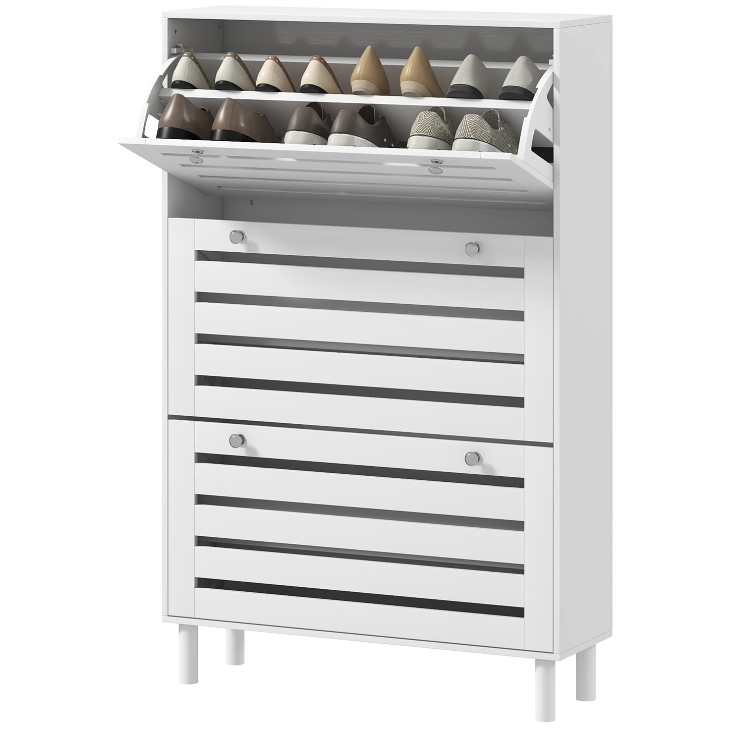 Narrow Shoe Storage Cabinet, 3 Flip Drawers, Adjustable Shelves, 24 Pairs Capacity, White Kids Crystal
