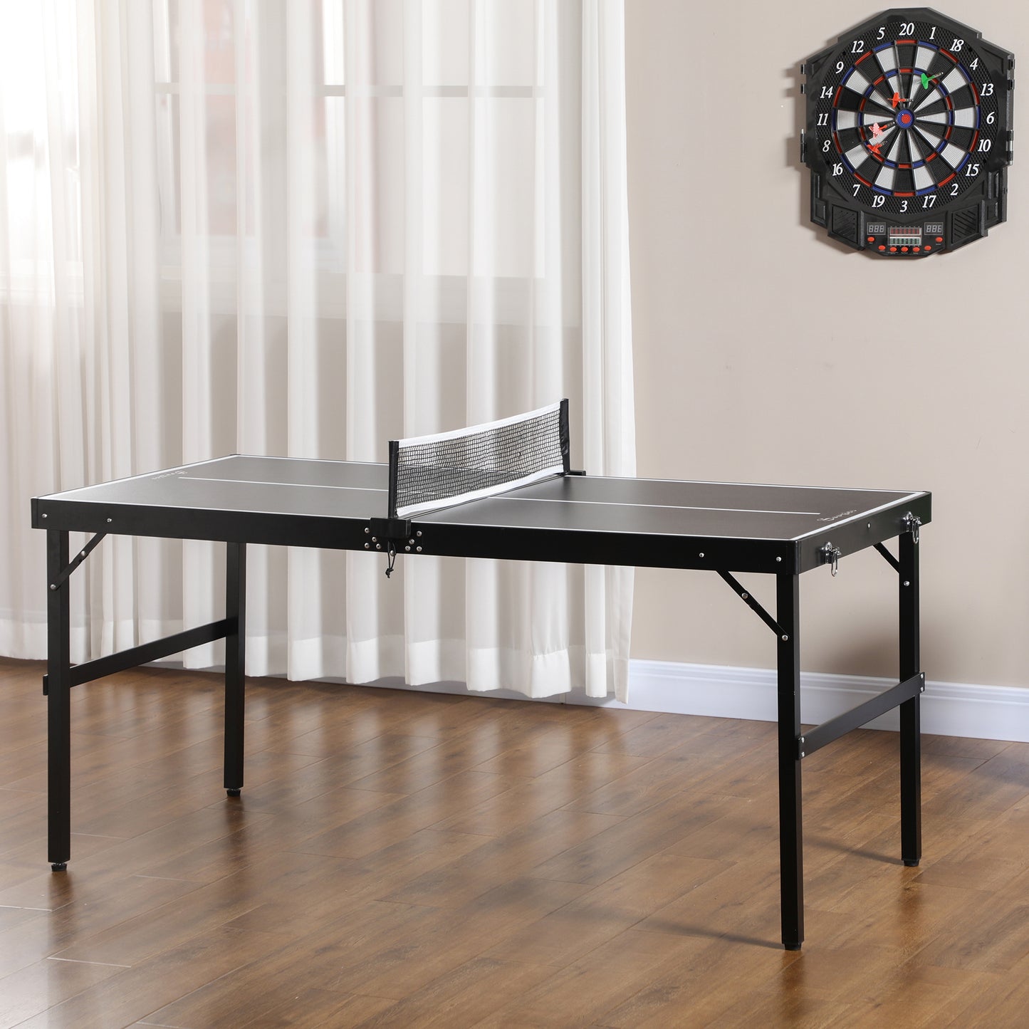 Mid-size Folding Table Tennis Table with Aluminium Frame, Portable Outdoor Ping Pong Table with Net, Black Kids Crystal