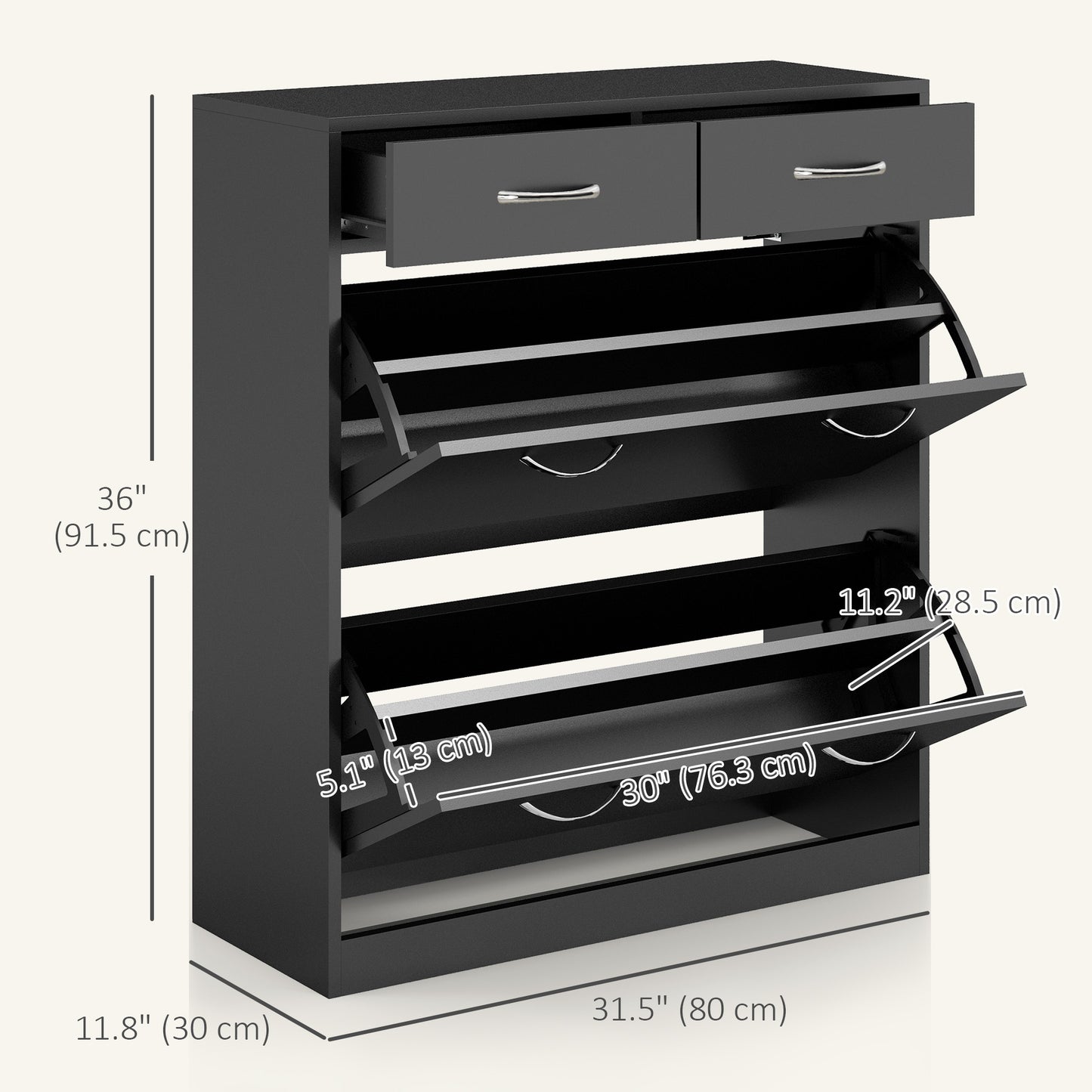 Shoe Storage Cabinet 12 Pairs Adjustable Shelves 2 Drawers Space Saving Compact Black Kids Crystal