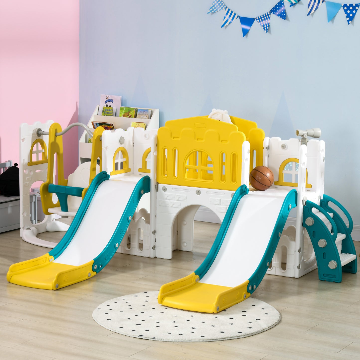 8 in 1 Slide and Swing Set, Baby Swing Set with Basketball Hoop, Climber, Steering Wheel, for Aged 1-3 Years, Yellow Kids Crystal