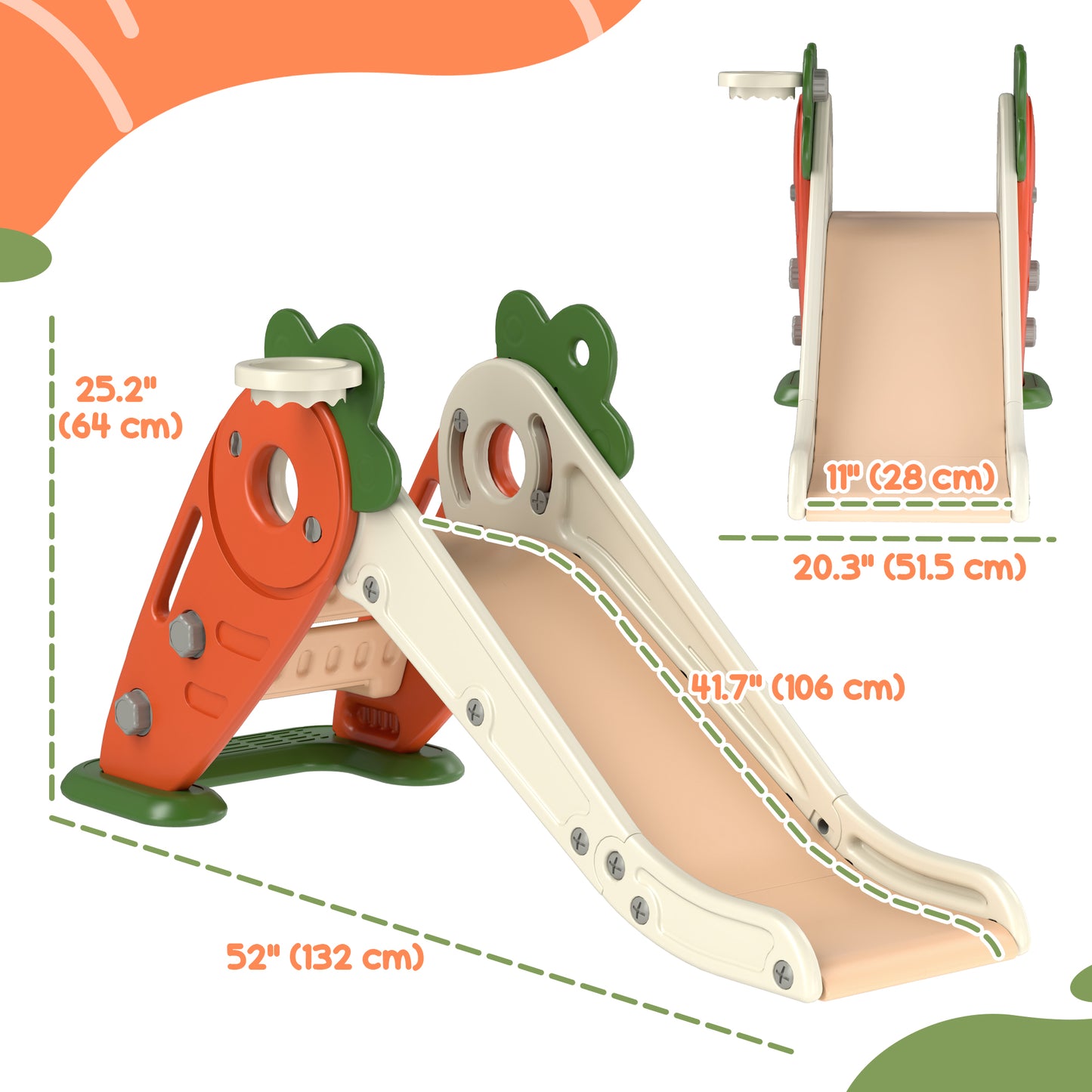 3 in 1 Foldable Toddler Slide with Basketball Hoop, Climber, for 1-3 Years Old, Orange Kids Crystal
