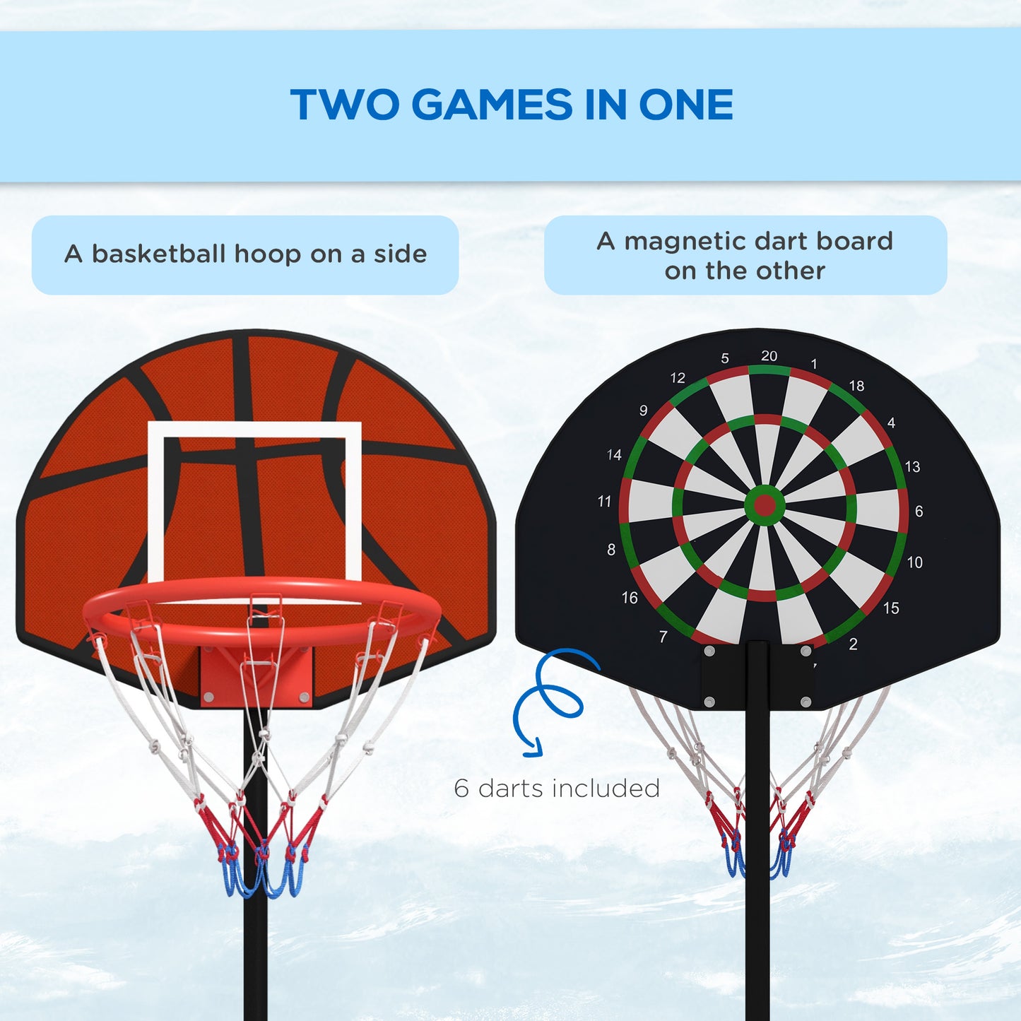 3-5ft Basketball Hoop and Stand with Magenic Dartboard and Darts, 15" Backboard, Weighted Base for Teens Youth Kids Crystal