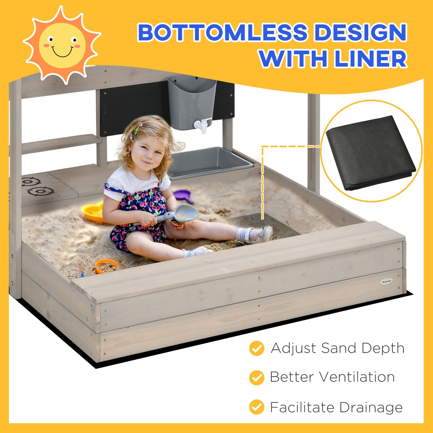 Kids Sandbox with Canopy Wooden Sandpit Adjustable Cover Kitchen Toys Seats Storage for Ages 3-7 45x43 inch Kids Crystal
