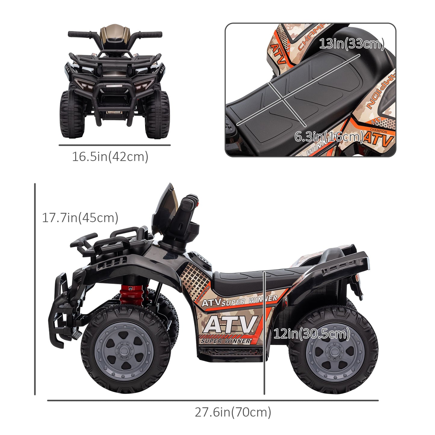 Ride-On ATV: 6V Battery Powered, Four Wheeler, Headlights, 18-36 Months, Black, Toddler Quad Kids Crystal