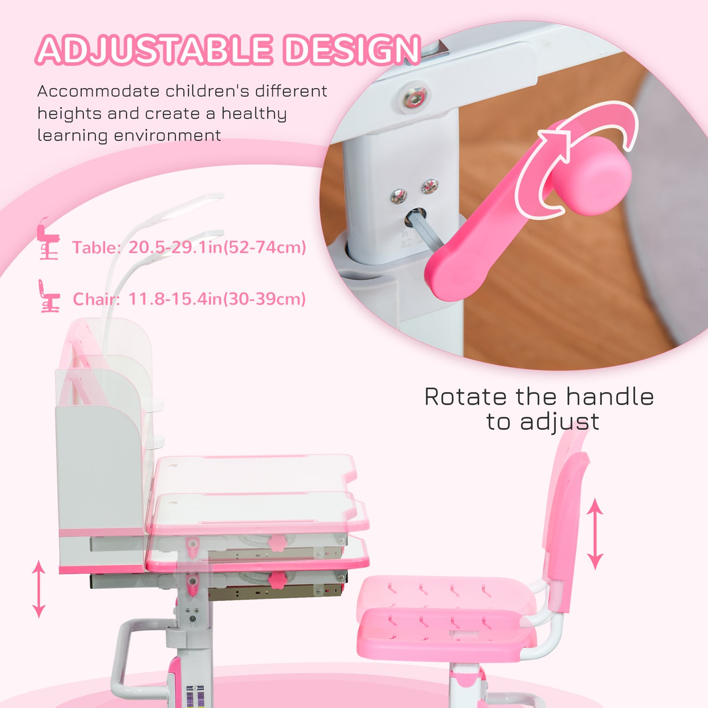 Kids Adjustable Desk and Chair Set with LED Light Bookshelf Drawer for Student Study Pink Kids Crystal