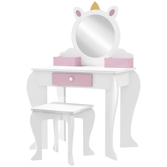 Unicorn Vanity Set: Stool, Mirror, Drawer, Storage Boxes for Kids, White Kids Crystal