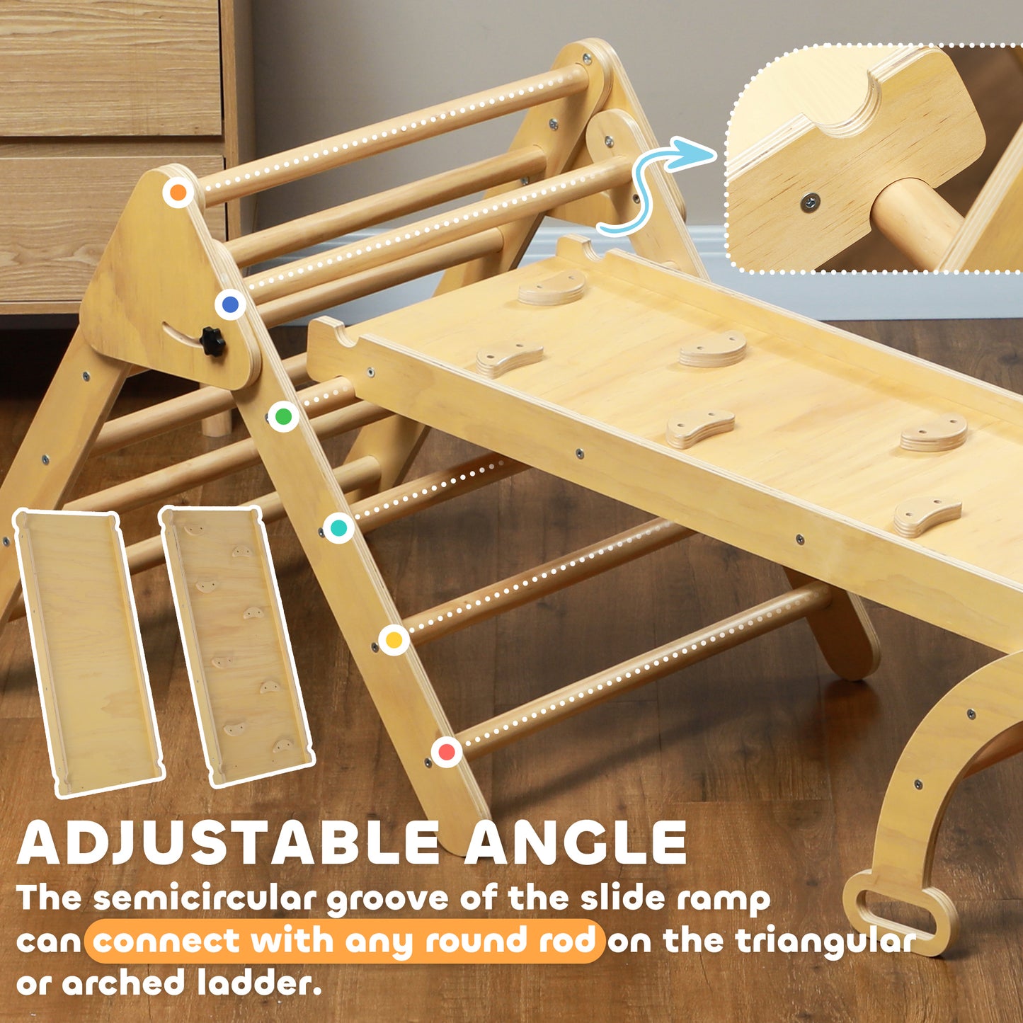 5 in 1 Pikler Triangle Set with Ladder, Ramp, Arch, for 18-48 months, Nature Wood Kids Crystal