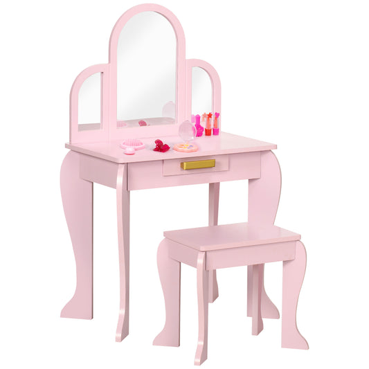 Kids Dressing Vanity: Makeup Table with Drawer, Chair for Ages 3-6, Pink Kids Crystal