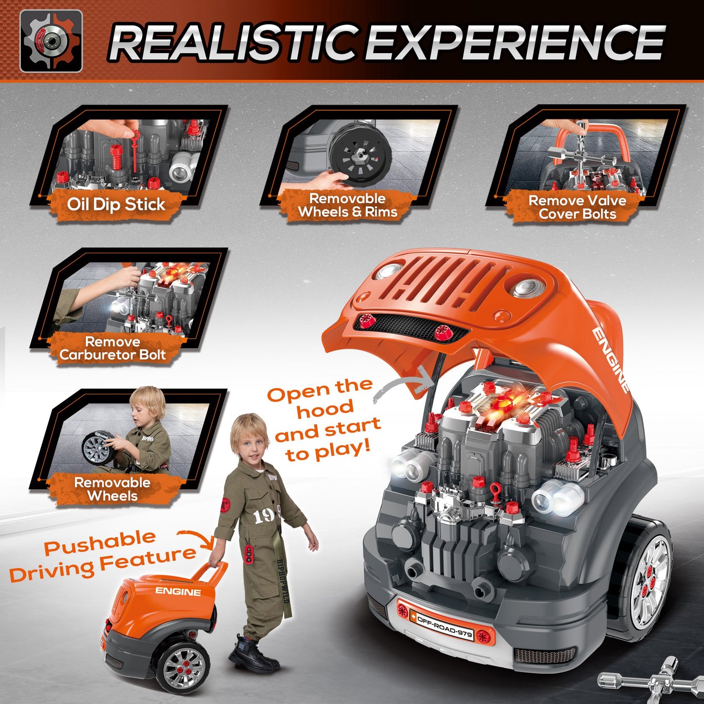Mechanic's Delight: Educational Kids Truck Engine Toy Set, Car Service Station Playset with Steering Wheel, RC Car Key, Orange Kids Crystal