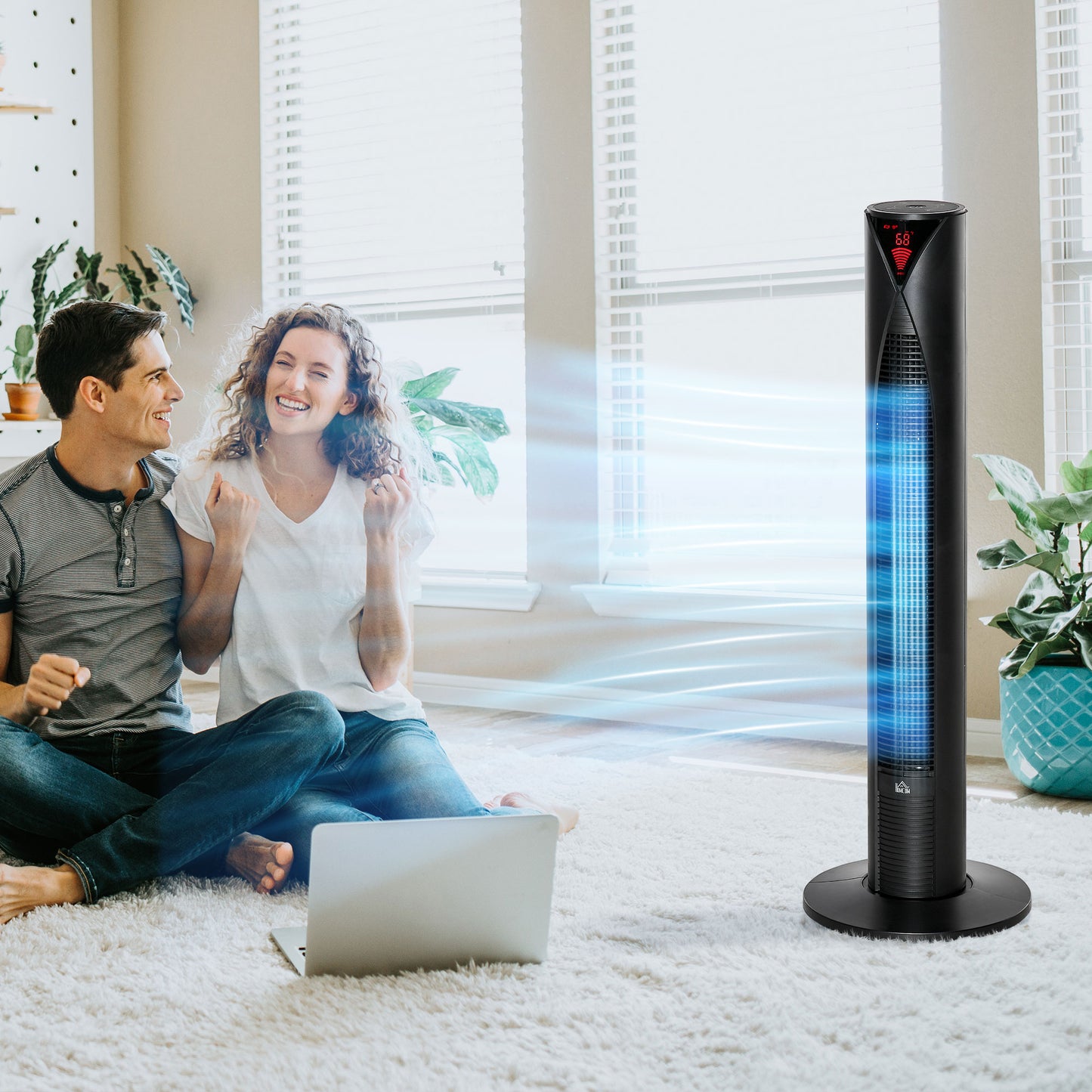Tower Fan Oscillating 3 Speed 12h Timer LED Remote Control Cooling for Bedroom Home Black Kids Crystal