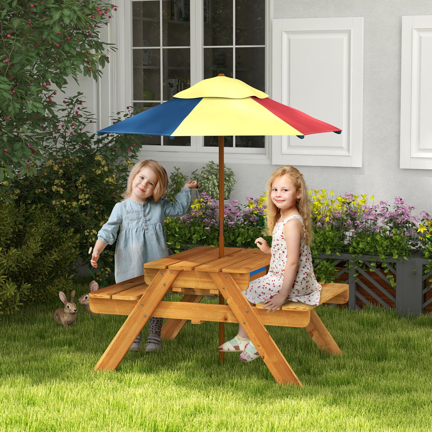 Toddler Water Table Kids Sand & Water Table with Removable Foldable Umbrella for Patio Lawn Garden, Aged 3-6 Years Old Kids Crystal