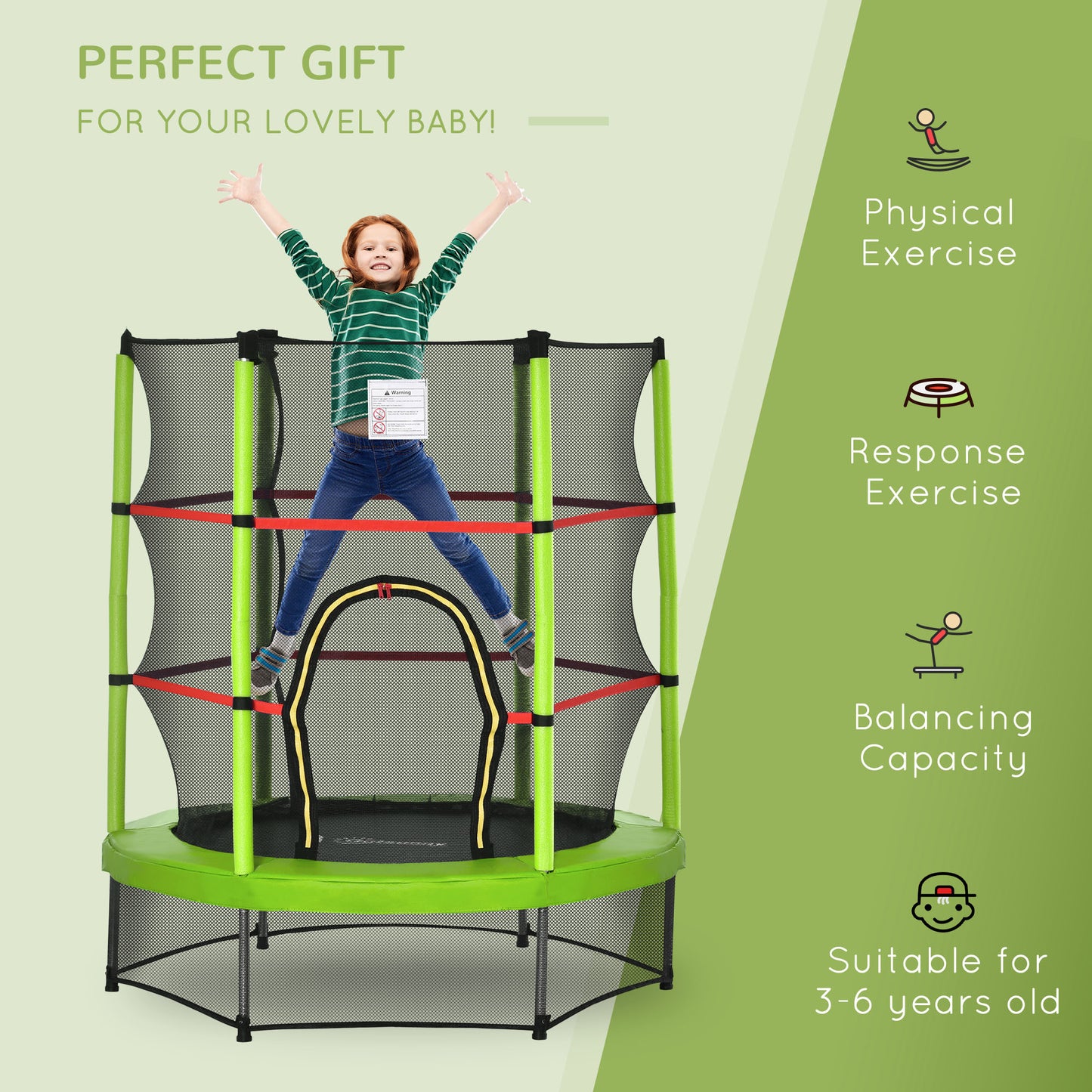 Kids Trampoline: ?55" Round, Safety Net, Indoor Bouncer, 3-6 Years, Steel Frame, Green Kids Crystal