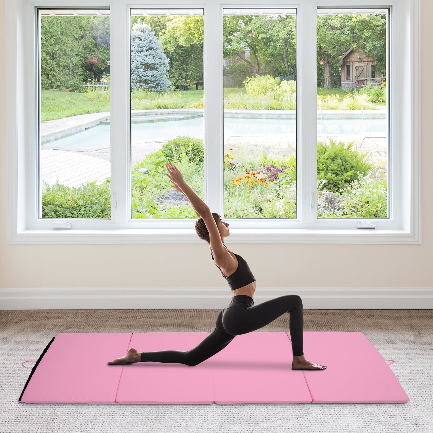 Folding Gymnastics Exercise Mat 4'x6' Yoga MMA Martial Arts Mat with Carrying Handles Pink Kids Crystal