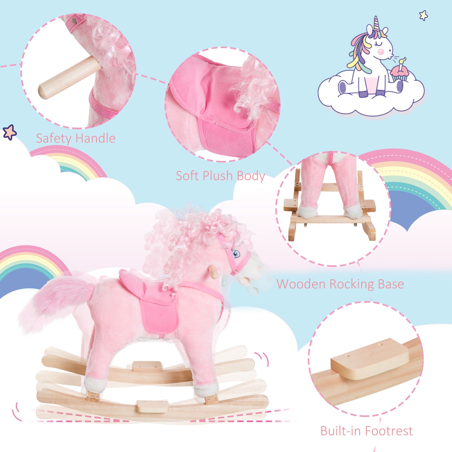 Kids Plush Rocking Horse Poney Child Ride On Toy Rocker w/ Realistic Sounds Pink Kids Crystal