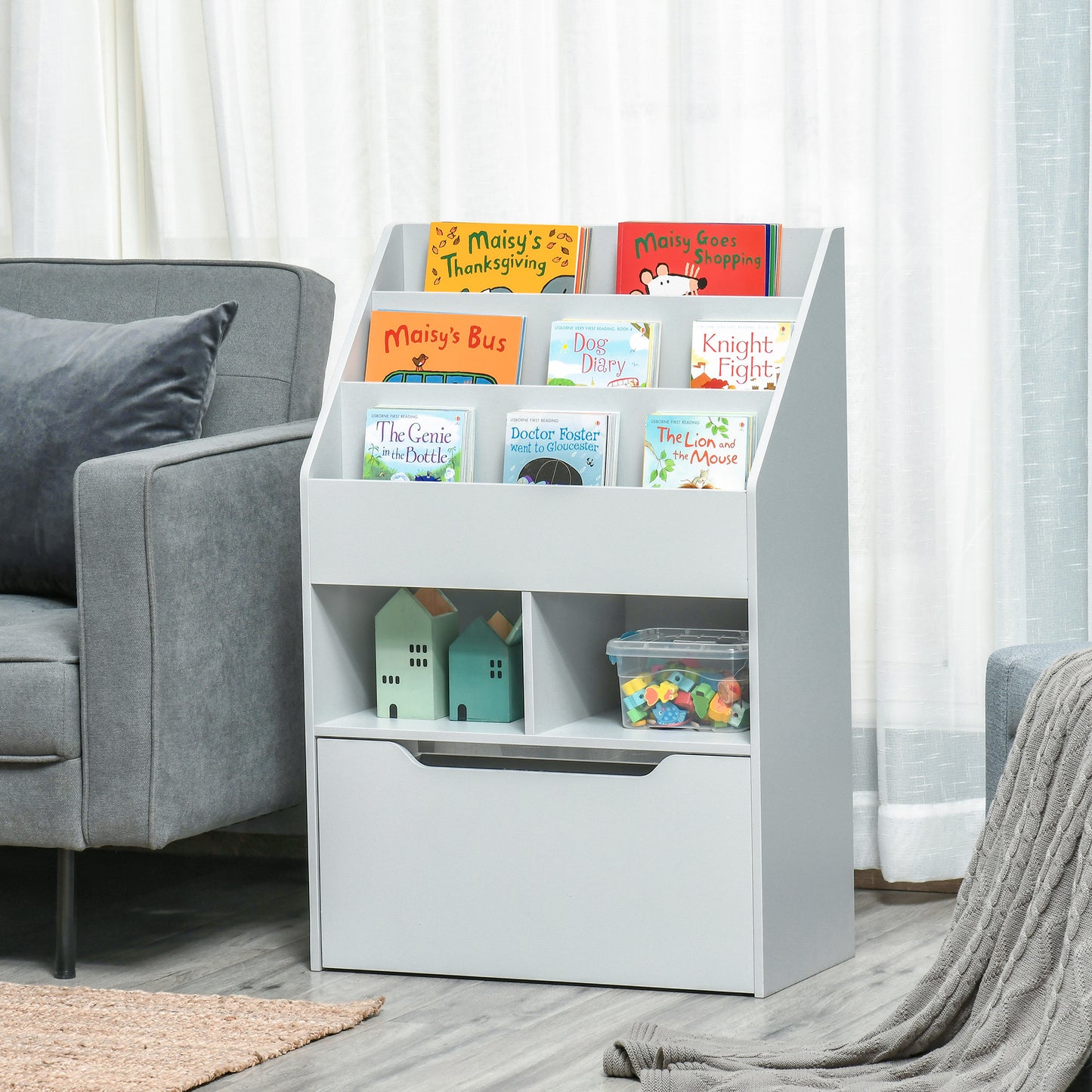Kids Bookcase Multi Shelf Rack Organizer Storage Drawer Reading Nook Classroom Bedroom Playroom Grey Kids Crystal