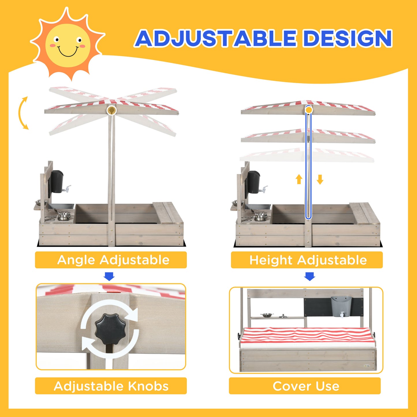 Kids Sandbox with Canopy Wooden Sandpit Adjustable Cover Kitchen Toys Seats Storage for Ages 3-7 45x43 inch Kids Crystal