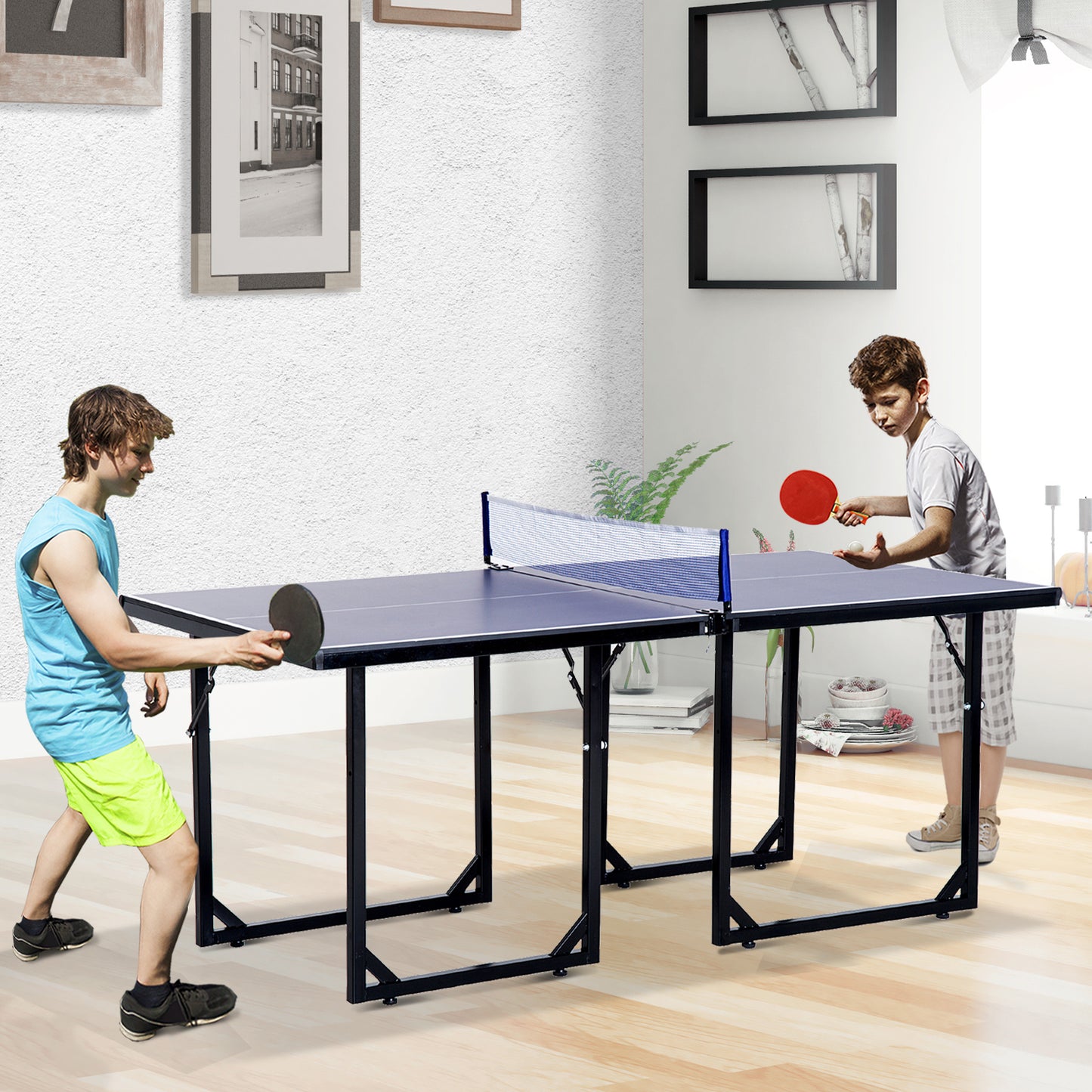 Compact Midsize Table Tennis Table 6x3ft Free Standing Folding Family Ping-pong Table Blue Kids Crystal