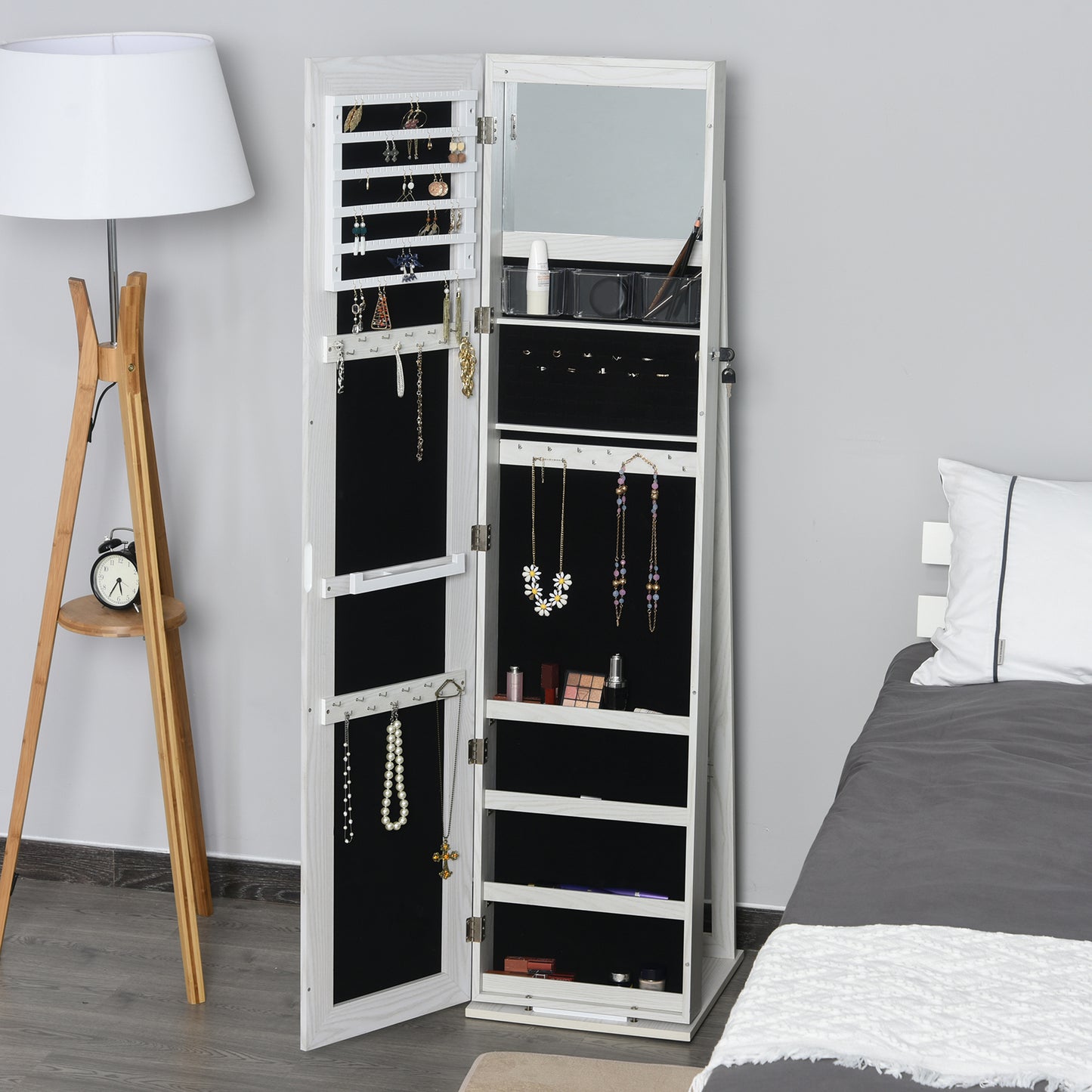 Lockable Jewelry Cabinet Standing Armoire Full Length Mirror LED Lights White Jewelry Organizer Kids Crystal