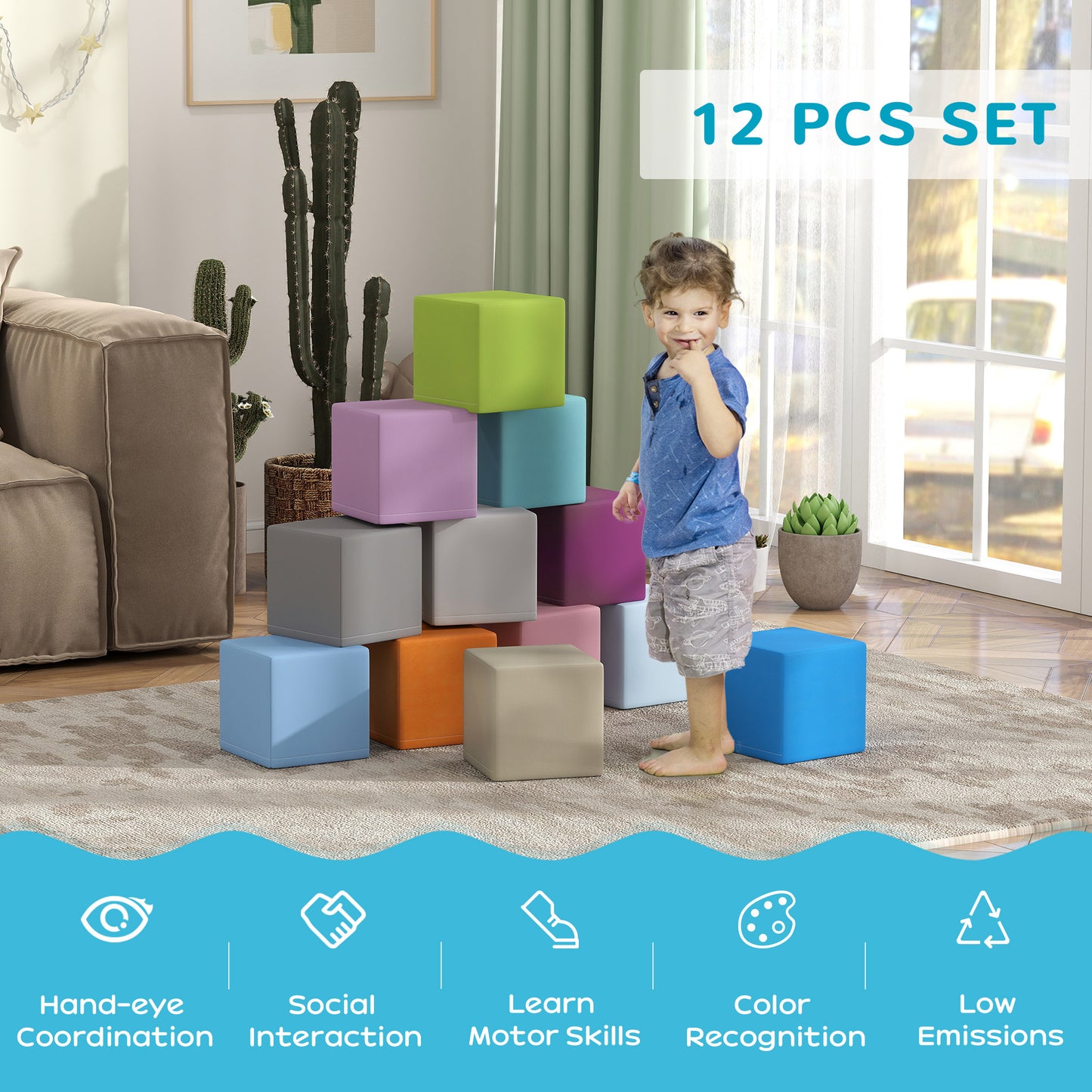 12 Piece Soft Play Blocks Soft Foam Toy Building And Stacking Blocks - Multicolours