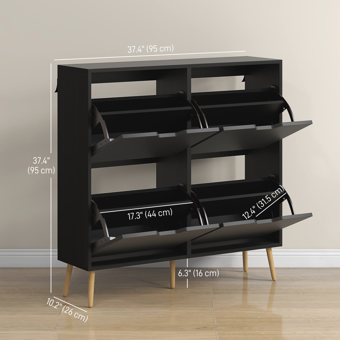 Shoe Storage Cabinet with 4 Flip Drawers and Adjustable Shelf, Shoe Cabinet for 16 Pairs of Shoes, Black Kids Crystal