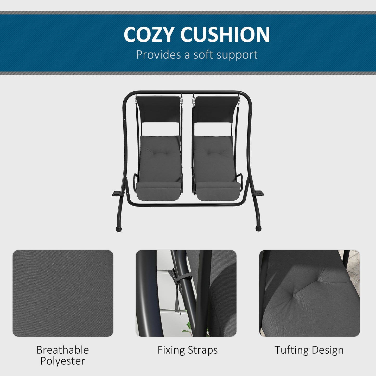 2-Seater Outdoor Porch Swing with Canopy, Patio Swing Chair for Garden, Poolside, Backyard, Grey Kids Crystal