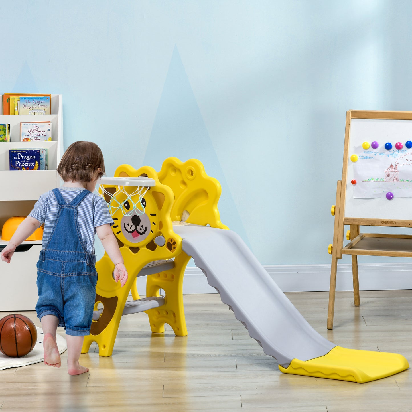 2-in-1 Toddler Slide and Basketball Hoop Playset for Kids 18-36 Months Indoor Activity Yellow Kids Crystal