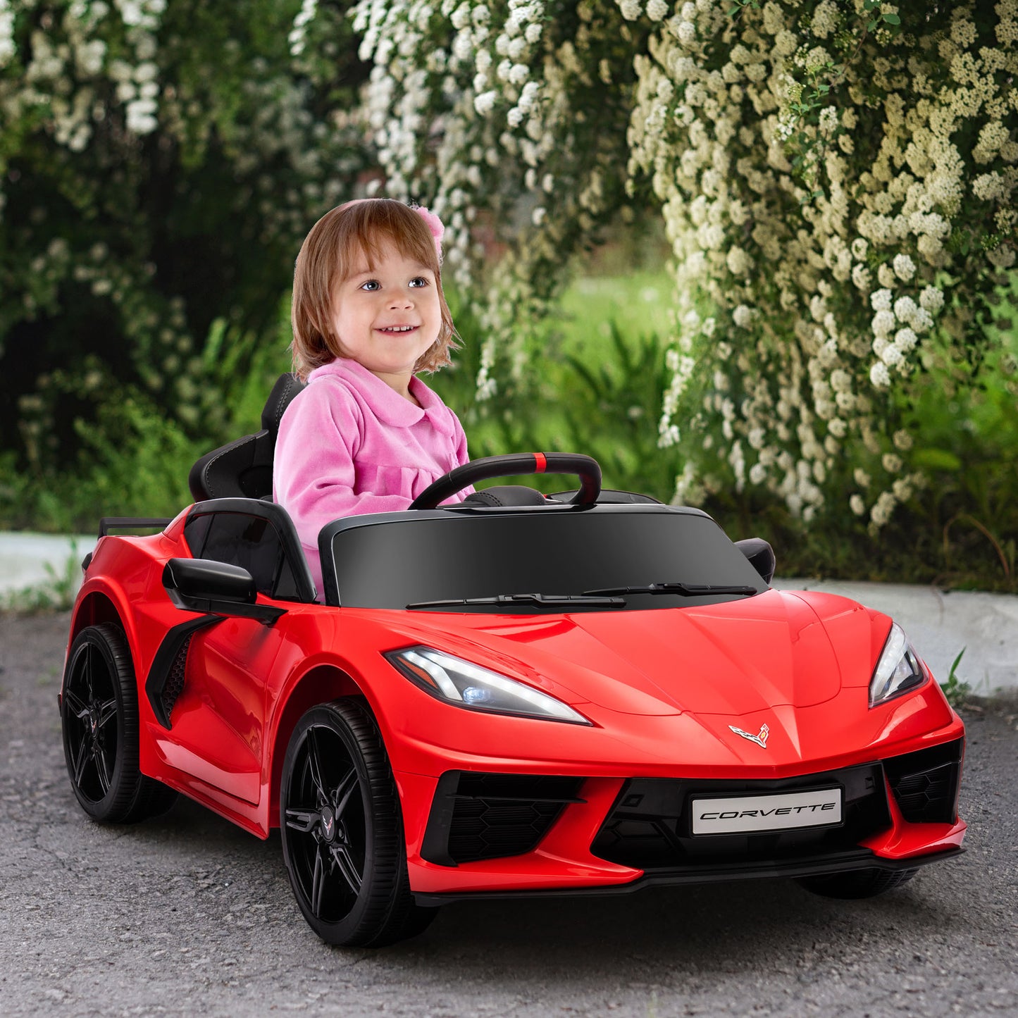 12V Kids Electric Car Corvette Licensed Remote Control Suspension Music Headlight Slow Start Red Ride On Vehicle Kids Crystal
