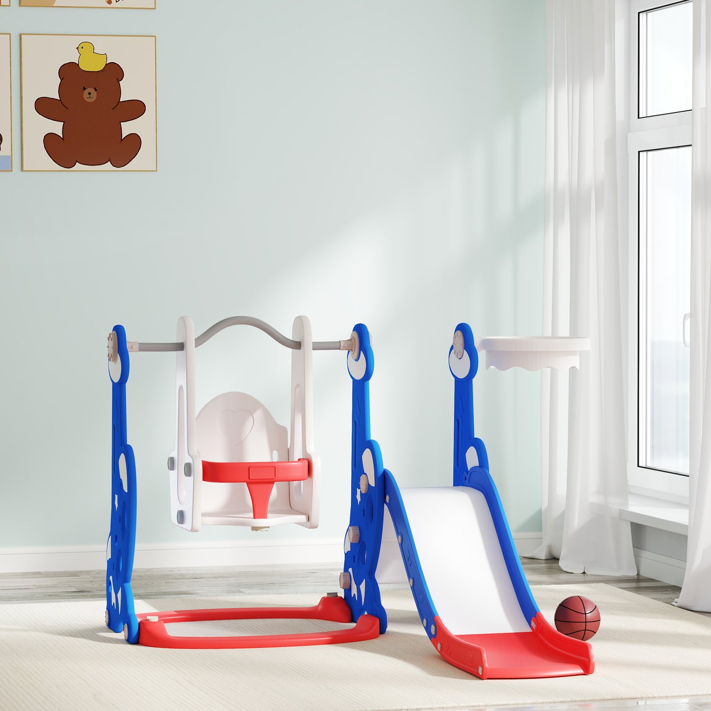 4-in-1 Slide and Swing Set with Basketball Hoop, Climber, for Ages 1.5-4 Boys Girls Toddler, Rocket Themed, Dark Blue Kids Crystal